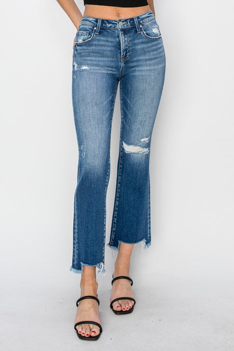 RISEN Frayed Chewed Raw Hem Distressed Blue Denim Straight Leg Jeans