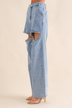 Load image into Gallery viewer, Blue B Edgy Slit Rhinestone Blue Washed Denim Wide Leg Jeans
