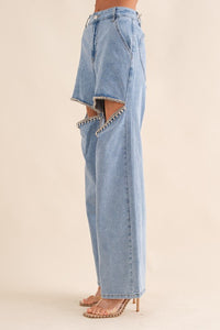 Blue B Edgy Slit Rhinestone Blue Washed Denim Wide Leg Jeans