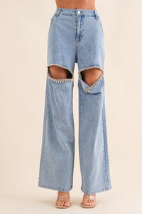 Blue B Edgy Slit Rhinestone Blue Washed Denim Wide Leg Jeans