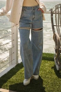 Blue B Edgy Slit Rhinestone Blue Washed Denim Wide Leg Jeans