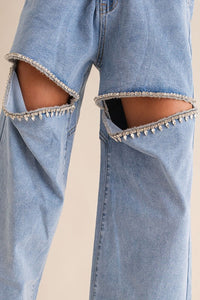 Blue B Edgy Slit Rhinestone Blue Washed Denim Wide Leg Jeans