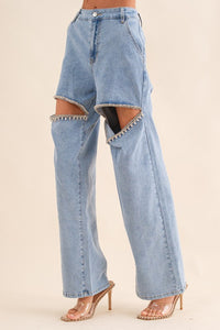 Blue B Edgy Slit Rhinestone Blue Washed Denim Wide Leg Jeans