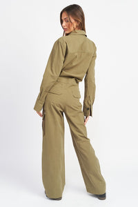 Emory Park Olive Green Button Down Straight Leg Jumpsuit