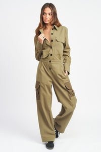 Emory Park Olive Green Button Down Straight Leg Jumpsuit
