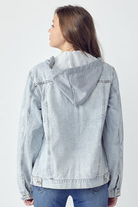 RISEN Distressed Blue Denim Jacket Knit Hoodie