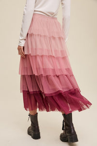 Listicle Magenta Ombre Tiered Mesh Maxi Skirt