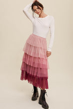 Load image into Gallery viewer, Listicle Magenta Ombre Tiered Mesh Maxi Skirt
