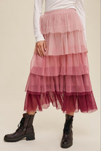Load image into Gallery viewer, Listicle Magenta Ombre Tiered Mesh Maxi Skirt
