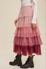 Load image into Gallery viewer, Listicle Magenta Ombre Tiered Mesh Maxi Skirt
