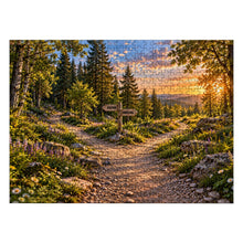 Загрузить изображение в средство просмотра галереи, TURNING POINT 500 piece wooden jigsaw puzzle featuring a KNOWN and UNKNOWN signpost at a forked forest path with wildflowers and sunset mountains.
