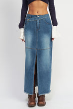 Carregar imagem no visualizador da galeria, Emory Park Modern Chic Asymmetrical Belted Front Slit Raw Hem Blue Denim Maxi Skirt
