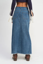 Cargar imagen en el visor de la galería, Emory Park Modern Chic Asymmetrical Belted Front Slit Raw Hem Blue Denim Maxi Skirt
