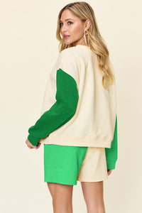 Double Take Color Block Contrast Drop Shoulder Loungewear Set