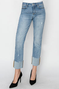 RISEN High Rise Cuffed Slim Straight Blue Washed Denim Jeans