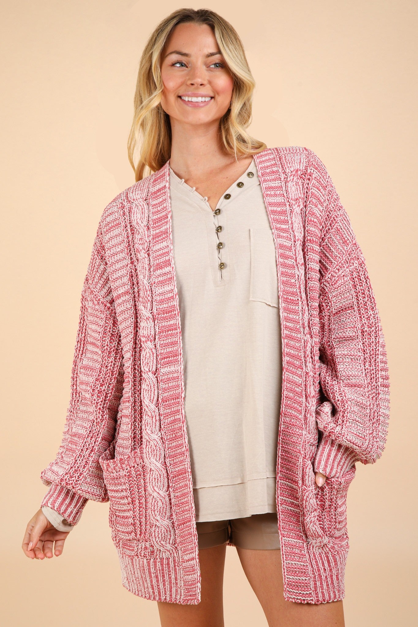 VERY J Red Wash Cable Knit Open Front Cardigan