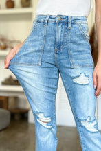 Ladda upp bild till gallerivisning, Judy Blue Distressed Patch Pocket Straight Leg Blue Washed Denim Jeans
