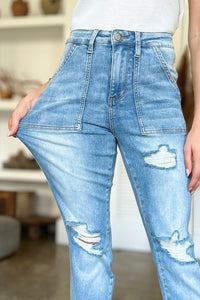 Judy Blue Distressed Patch Pocket Straight Leg Blue Washed Denim Jeans