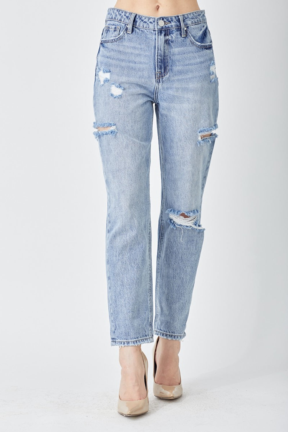 RISEN Distressed Slim Cropped Blue Denim Jeans