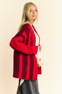 Davi & Dani Color Block Open Front Cable Knit Cardigan