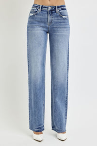 RISEN High Rise Distressed Straight Leg Blue Wash Denim Jeans