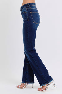 Judy Blue Raw Hem Dark Blue Denim Straight Leg Jeans