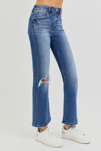 RISEN High Rise Distressed Crop Flared Leg Blue Denim Jeans