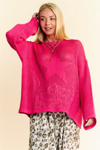 Davi & Dani Star Pink Front Crochet Drop Shoulder Knit Top