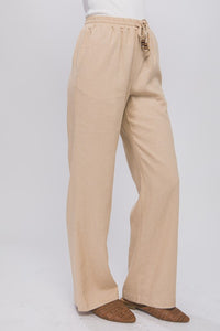 Linen Drawstring Waist Long Pants with Pockets