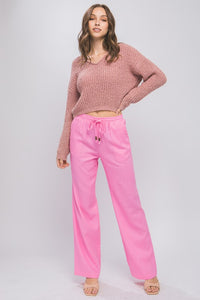 Linen Drawstring Waist Long Pants with Pockets