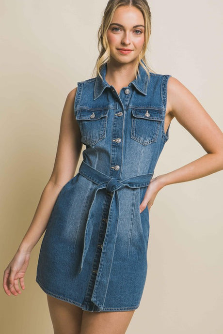 Love Tree Button Down Blue Washed Denim Mini Dress