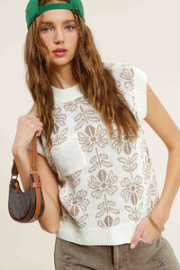 La Miel Flower Pattern Sleeveless Knit Sweater Vest Top