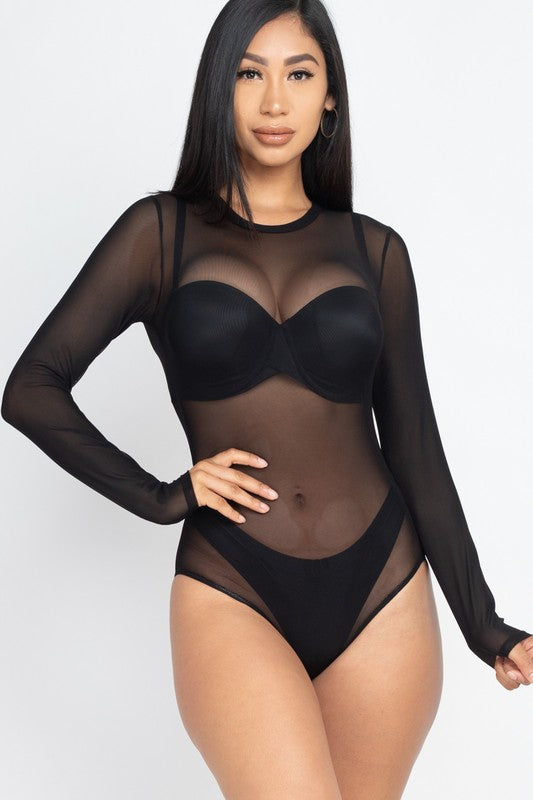 Capella Black Mesh Sheer Long Sleeve Bodysuit