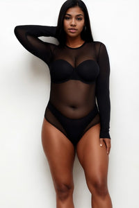 Capella Plus Size Black Sheer Mesh Long Sleeve Bodysuit