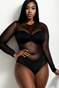 Capella Plus Size Black Sheer Mesh Long Sleeve Bodysuit