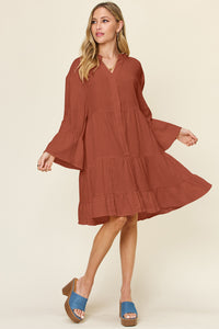 Double Take Solid Color Textured Tiered Ruffle Hem Dress