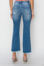 Carregar imagem no visualizador da galeria, RISEN Mid Rise Distressed Cropped Blue Denim Flared Leg Jeans
