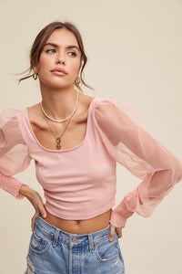 Listicle Puffy Mesh Sleeve Knit Crop Top