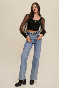 Listicle Puffy Mesh Sleeve Knit Crop Top