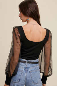 Listicle Puffy Mesh Sleeve Knit Crop Top