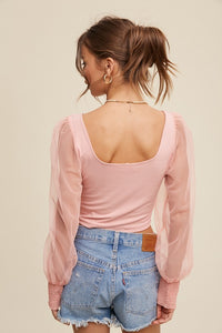 Listicle Puffy Mesh Sleeve Knit Crop Top