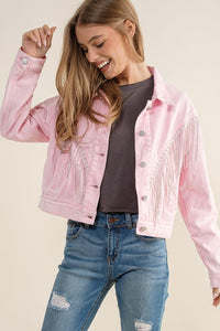 Sweet Generis Washed Rhinestone Fringe Cropped Denim Jacket