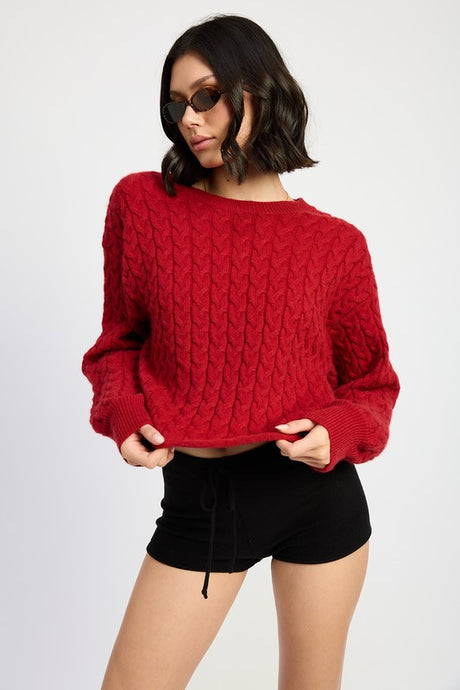 Emory Park Red Rolled Hem Cable Knit Cropped Sweater