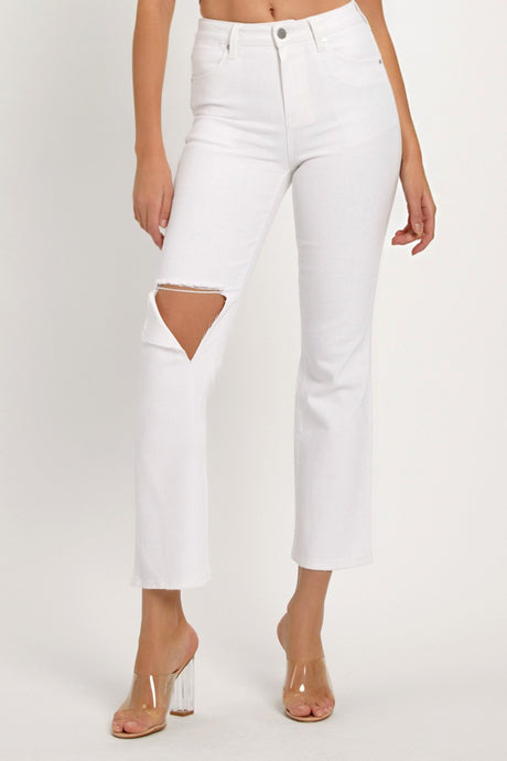 RISEN Distressed Cropped White Denim Straight Leg Jeans