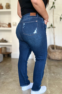 Judy Blue High Waist Destroyed Dark Blue Denim Straight Leg Jeans