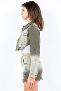 American Bazi Olive Green Washed Ombre Distressed Cropped Denim Jacket