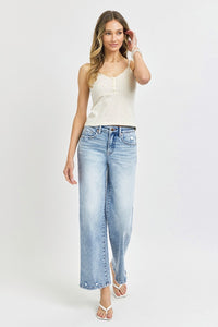 RISEN Tummy Control Blue Washed Denim Cropped Wide Leg Jeans