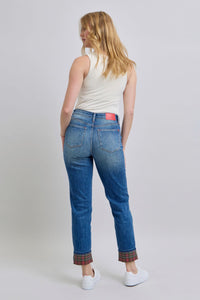 Judy Blue Plaid Cuffed Blue Denim Straight Leg Jeans