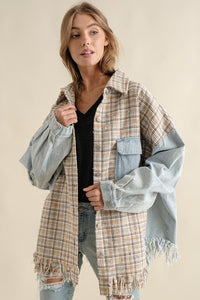 Sweet Generis Fringe Hem Tweed Mixed Denim Jacket