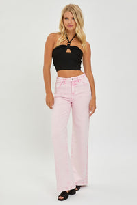 RISEN High Waisted Tummy Control Wide Leg Pink Washed Denim Jeans